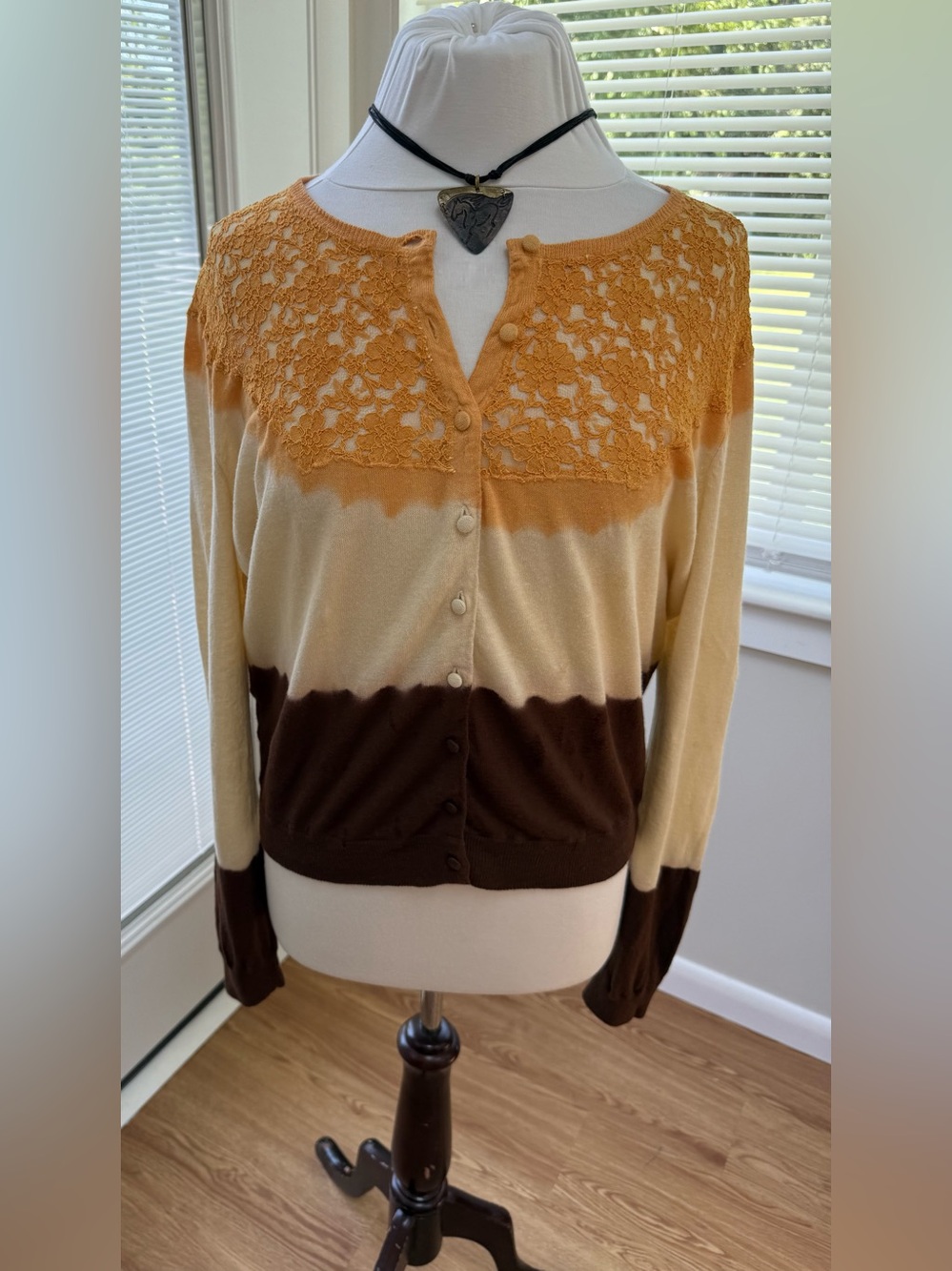 Moda International Ombre Lace Yoke Cardigan in Orange, Cream & Brown